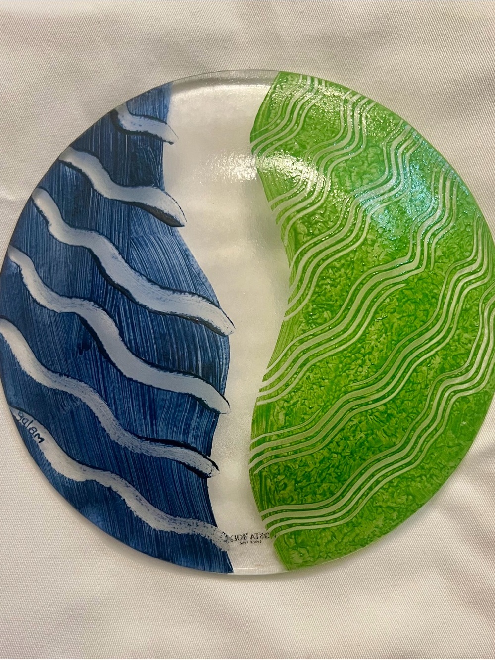 Kosta Boda Blue and Green Glass Decorative Plate Tonga Pattern